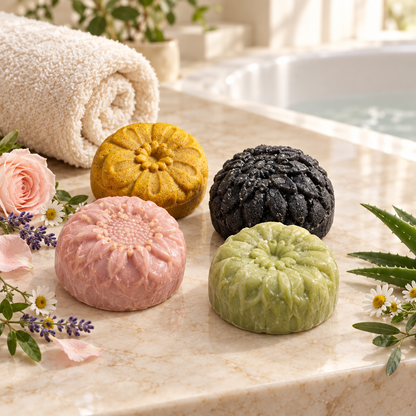 Four Yokelis Eco tallow soaps arranged on a spa bathroom counter