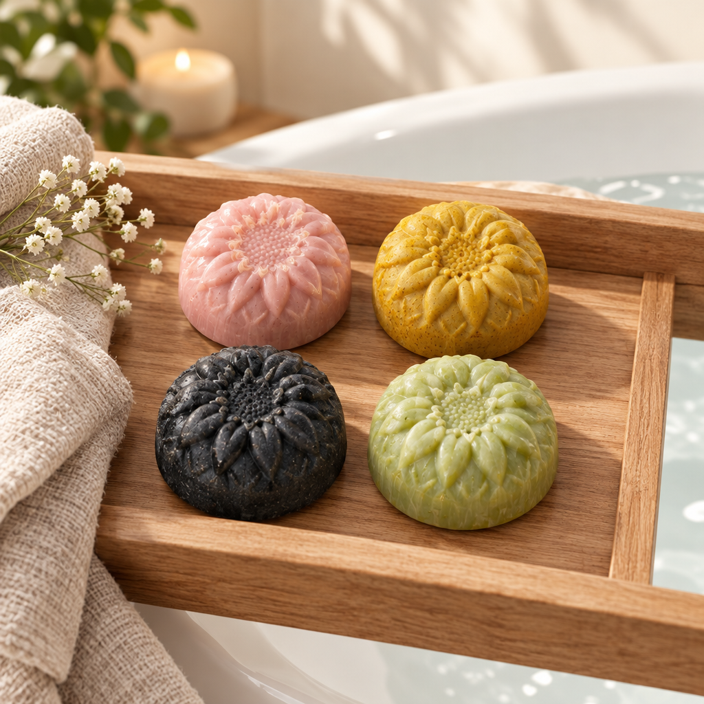 Four Yokelis Eco tallow soaps on a wooden spa bath tray
