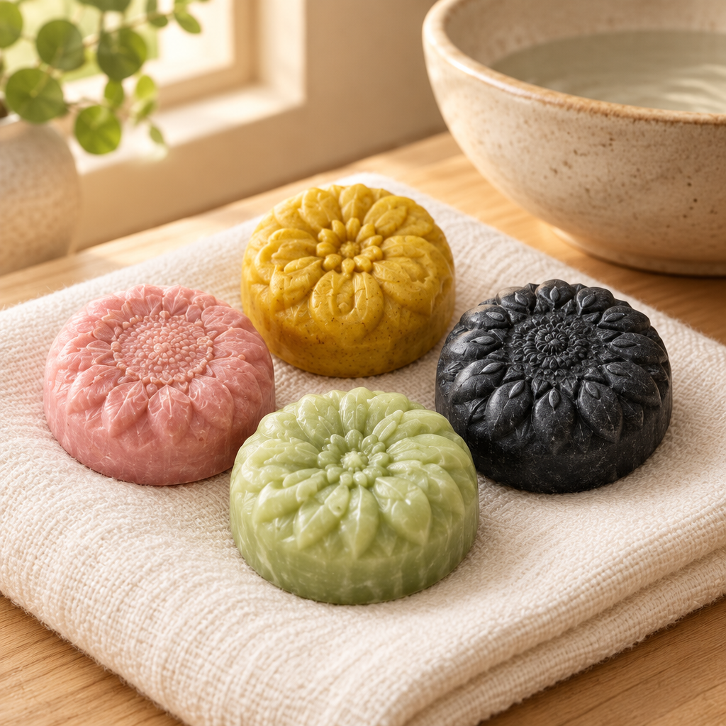 Four Yokelis Eco tallow soaps on a folded linen towel in a spa bathroom