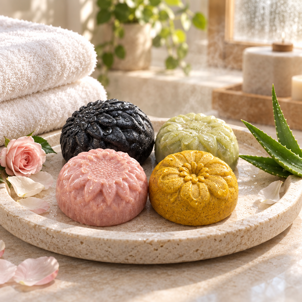 Spa scene with four Yokelis Eco soaps: rose, turmeric, charcoal and aloe vera